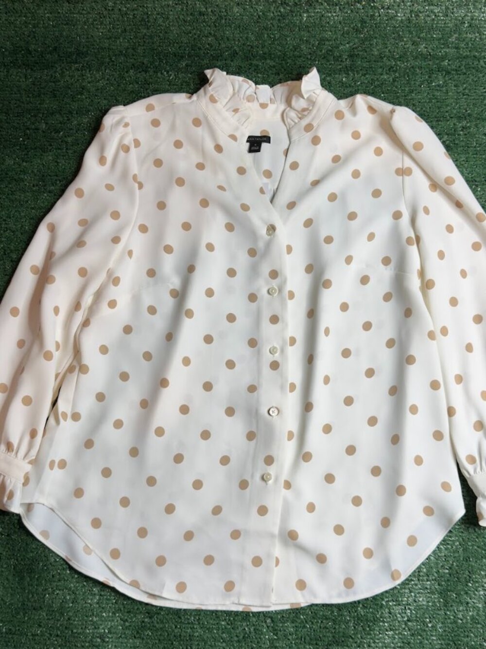 Ann Taylor Polka Dot Ruffle Button Blouse Winter White Beige Women's Size